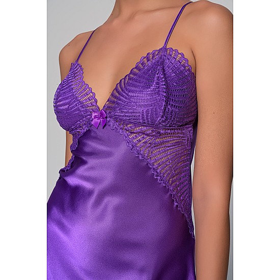 Σατέν Νυχτικό με Δαντέλα Σετ με String   Μωβ Milena By Paris 003445-Μωβ