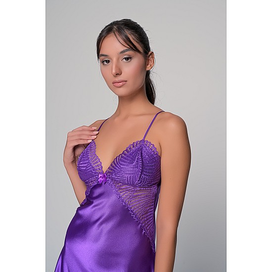 Σατέν Νυχτικό με Δαντέλα Σετ με String   Μωβ Milena By Paris 003445-Μωβ