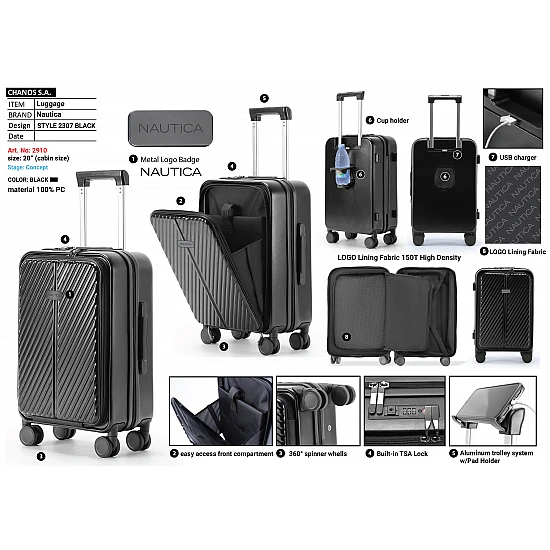 Βαλίτσα trolley Καμπίνας Πολυκαρμπονικό (PC) Σκληρή Laptop Μικρή 55x34,5x23cm 33LT NAUTICA 2910 ΜΑΥΡΟ
