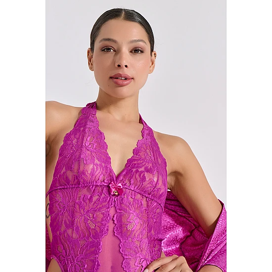 Σετ Sexy Κορμάκι και Σατέν Ρόμπα   Magenta Milena By Paris Set2529-5369-Magenta