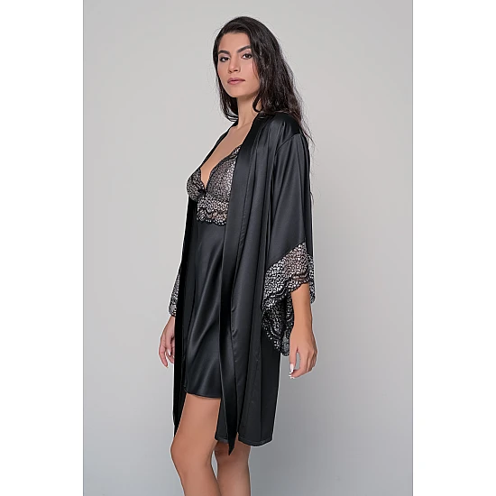 Σατέν Σετ Νυχτικό και Ρόμπα   Μαύρο Milena By Paris Set3446_5422-Μαύρο