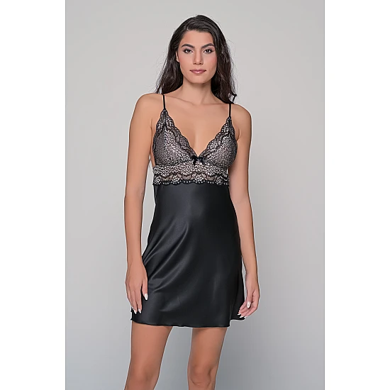 Σατέν Σετ Νυχτικό και Ρόμπα   Μαύρο Milena By Paris Set3446_5422-Μαύρο