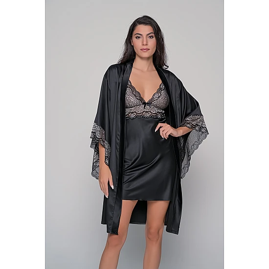 Σατέν Σετ Νυχτικό και Ρόμπα   Μαύρο Milena By Paris Set3446_5422-Μαύρο