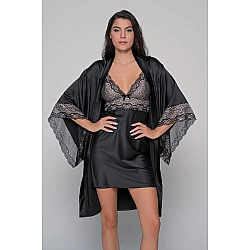 Σατέν Σετ Νυχτικό και Ρόμπα   Μαύρο Milena By Paris Set3446_5422-Μαύρο