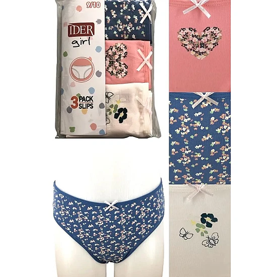 Παιδικό Κοριτσίστικο Βαμβακερό Εσώρουχο Σλιπ Floral Kουνελάκι 3Pack 3-14 Ετών IDER 3107-3P2302-ΠΕΤΡΟΛ-ΚΟΡΑΛΙ-DENIM