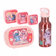 Παιδικό LUNCH SET 5 LUNCH BOX SNACK BOX και Μπουκάλι Παγούρι Νερού Αλουμινίου Disney Stitch & Angel 565469 ΡΟΖ