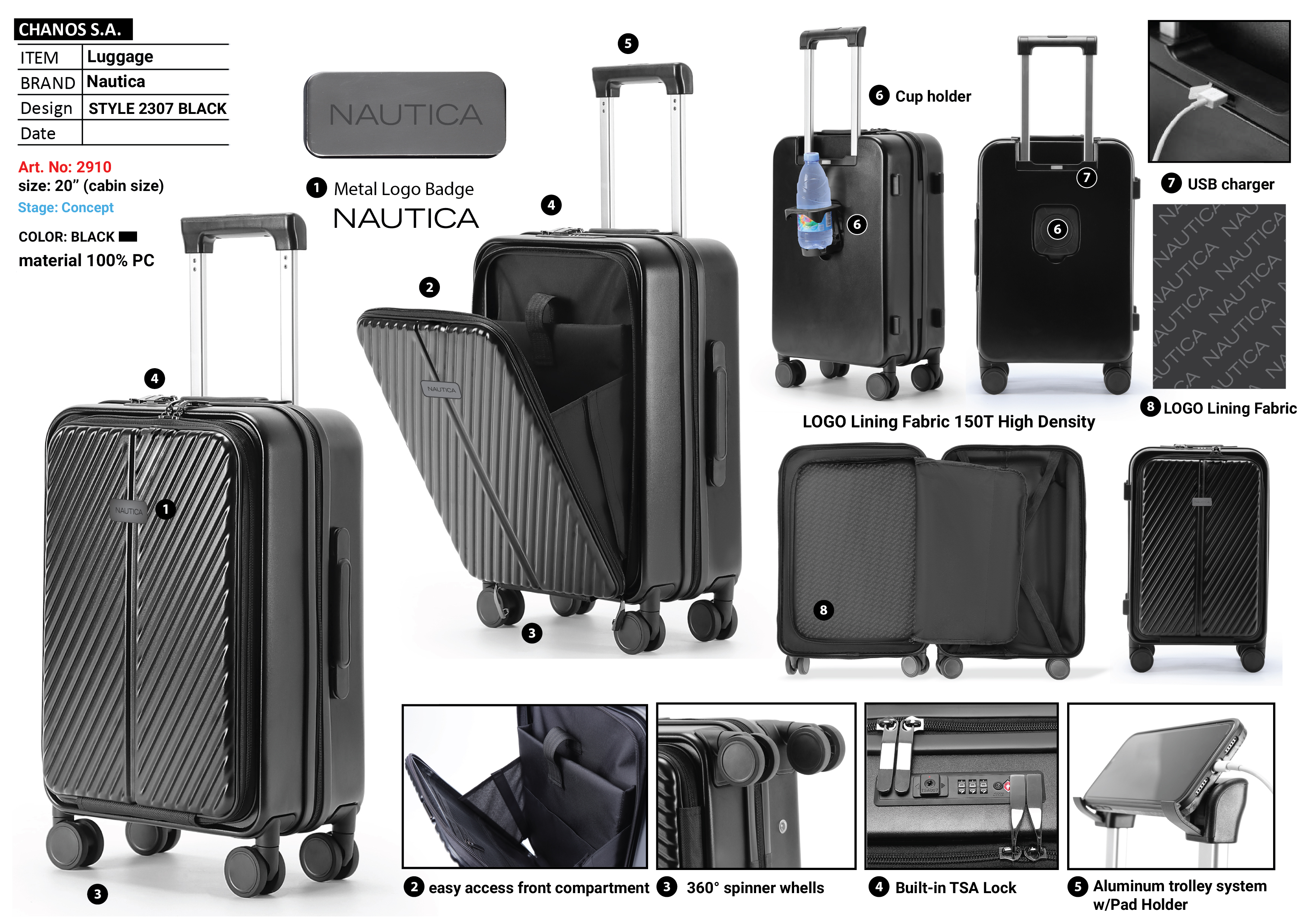 Βαλίτσα trolley Καμπίνας Πολυκαρμπονικό (PC) Σκληρή Laptop Μικρή 55x34,5x23cm 33LT NAUTICA 2910 ΜΑΥΡΟ