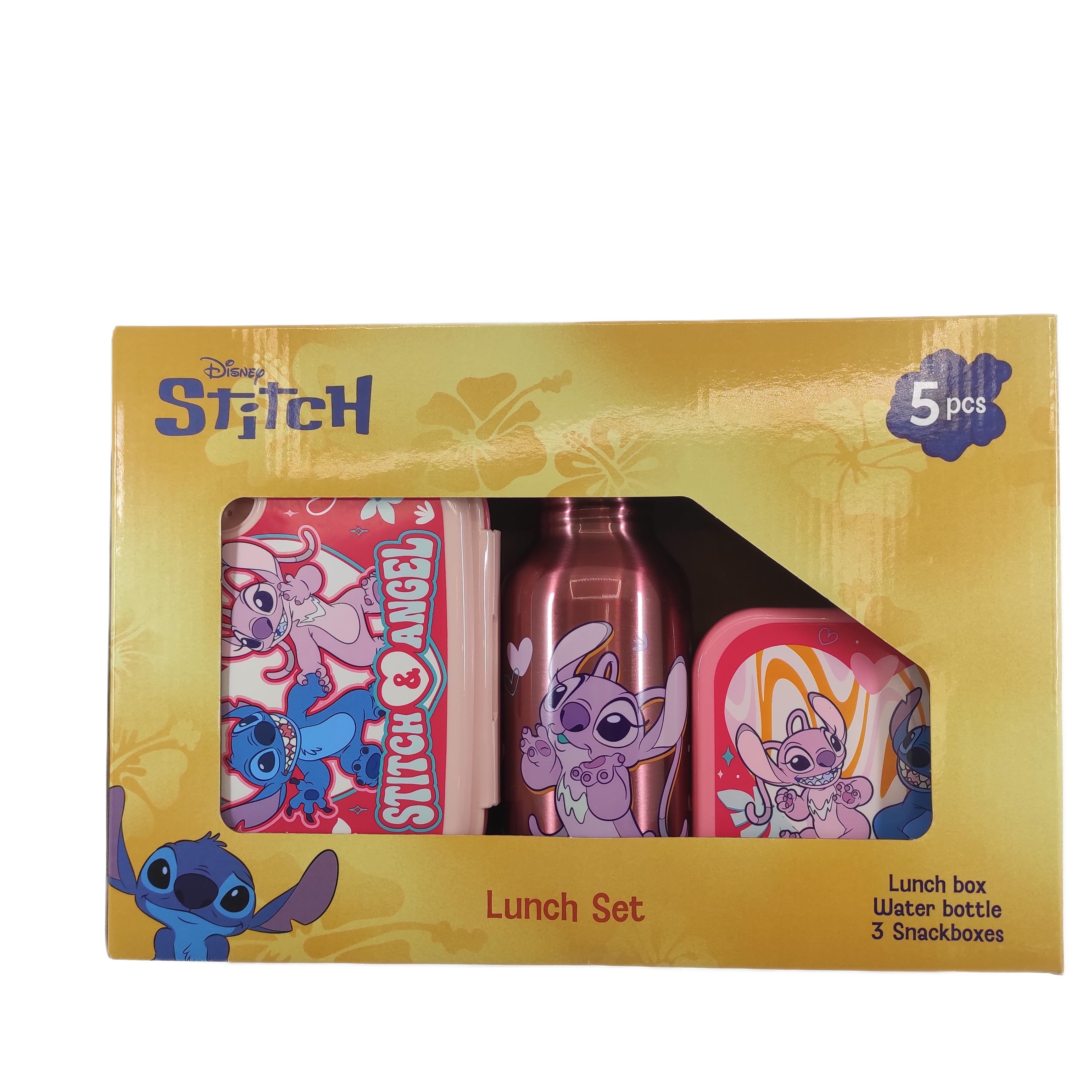 Παιδικό LUNCH SET 5 LUNCH BOX SNACK BOX και Μπουκάλι Παγούρι Νερού Αλουμινίου Disney Stitch & Angel 565469 ΡΟΖ