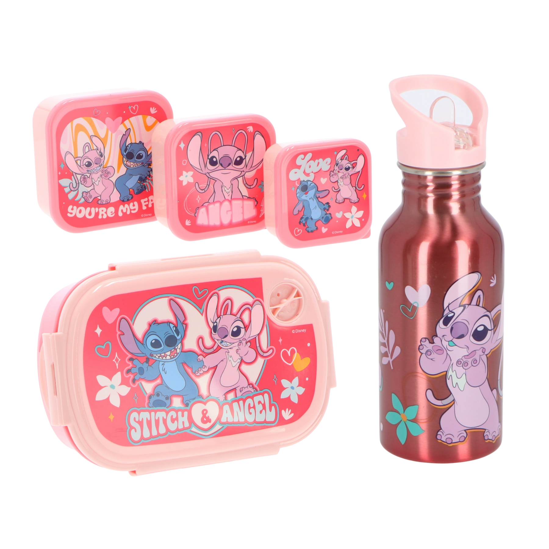 Παιδικό LUNCH SET 5 LUNCH BOX SNACK BOX και Μπουκάλι Παγούρι Νερού Αλουμινίου Disney Stitch & Angel 565469 ΡΟΖ
