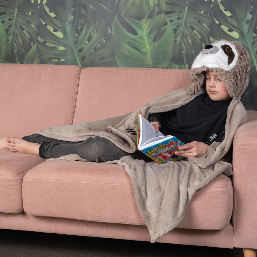 Παιδική Κουβέρτα Fleece 100cm x 130cm με κουκούλα σχέδιο sloth Noxxiez BL809 ΜΠΕΖ