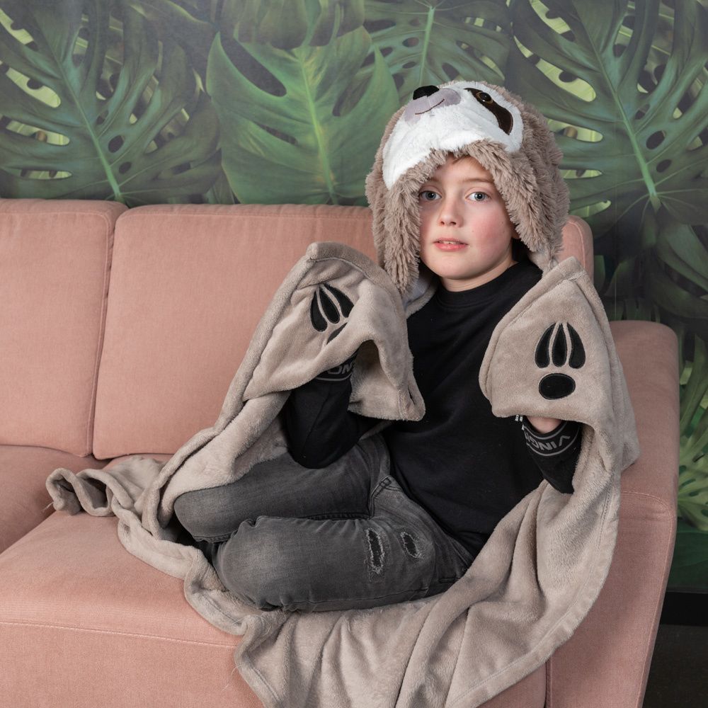 Παιδική Κουβέρτα Fleece 100cm x 130cm με κουκούλα σχέδιο sloth Noxxiez BL809 ΜΠΕΖ