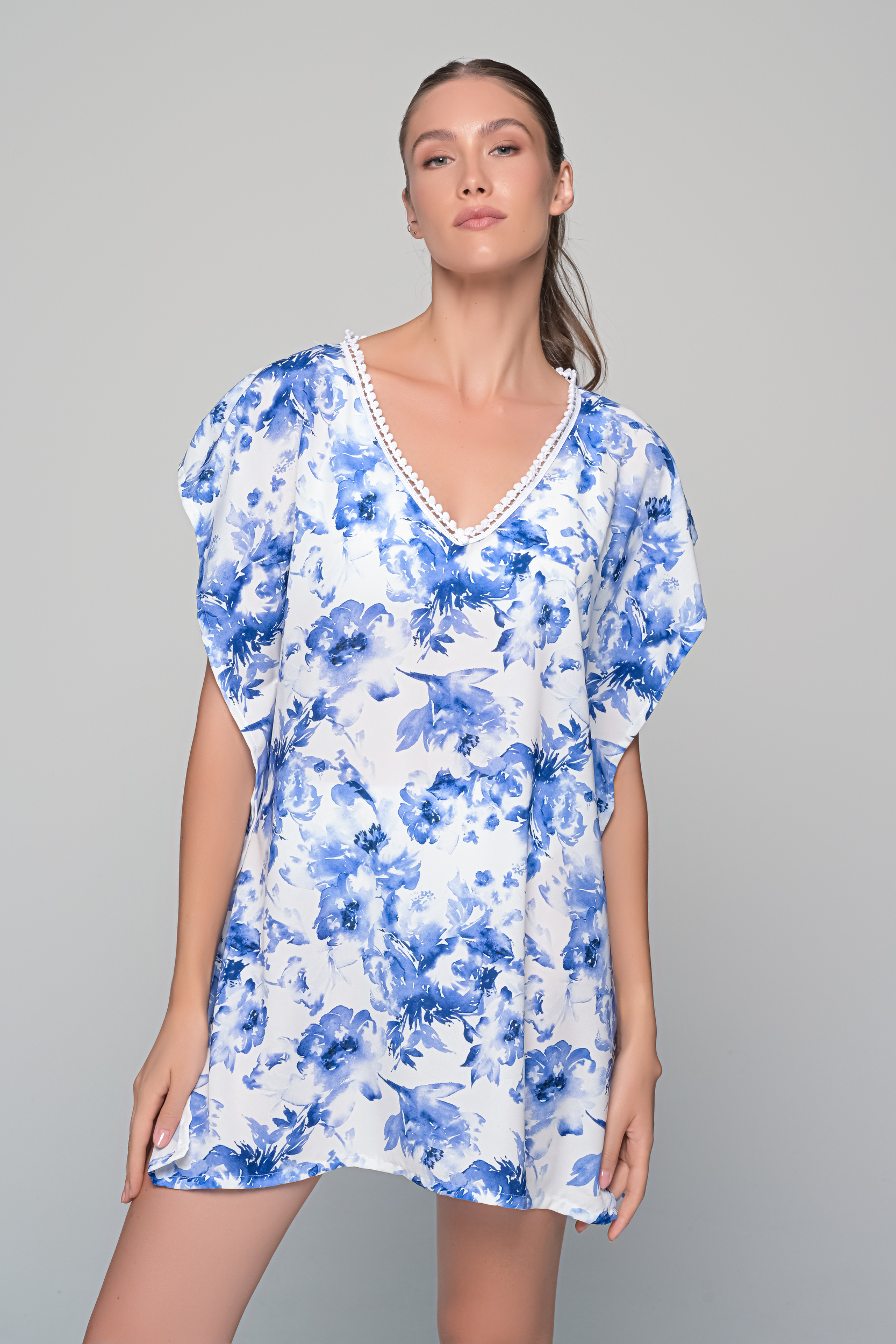 Καφτάνι Rayon   Λευκό μπλε Milena By Paris 040299-Λευκό-μπλε