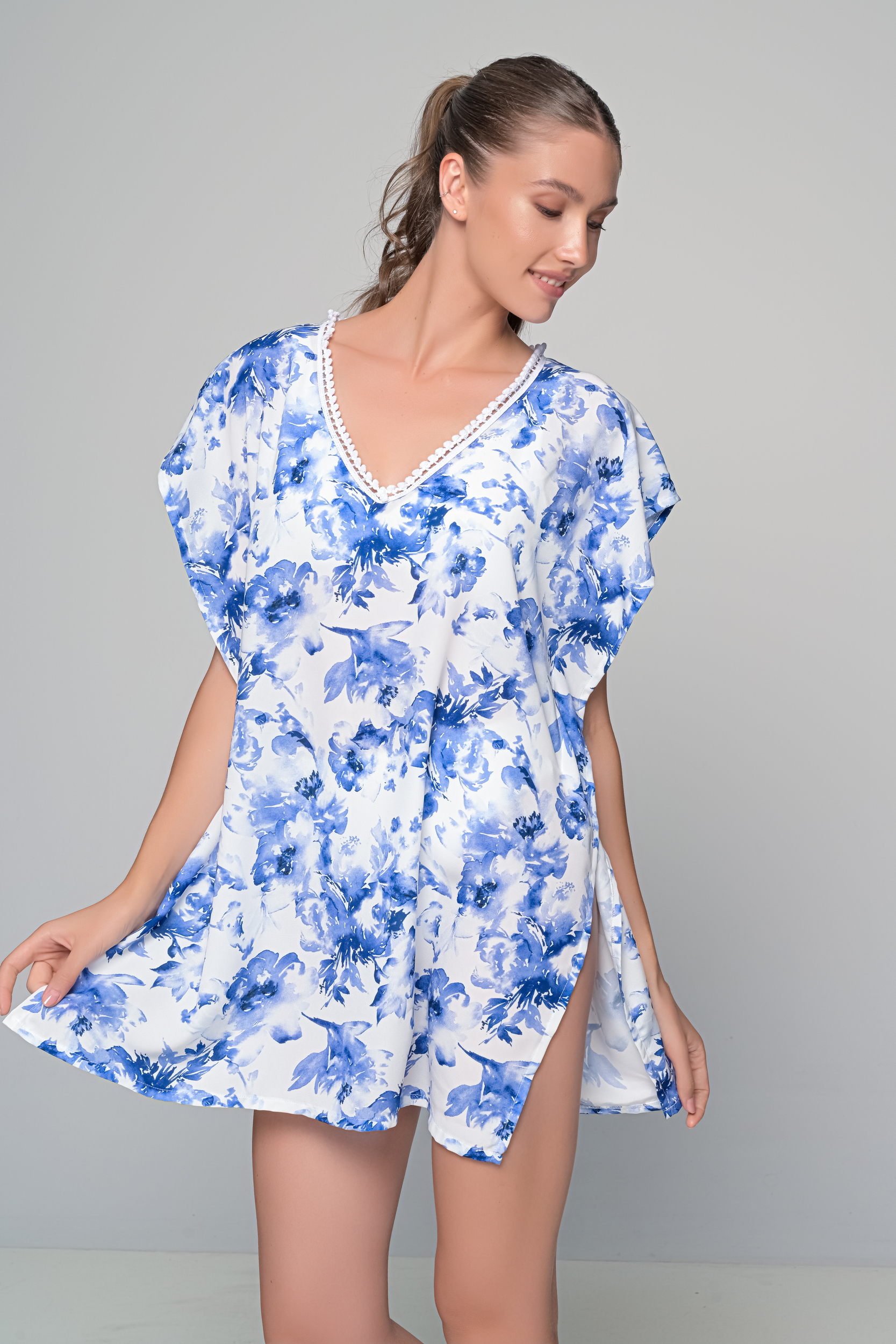 Καφτάνι Rayon   Λευκό μπλε Milena By Paris 040299-Λευκό-μπλε