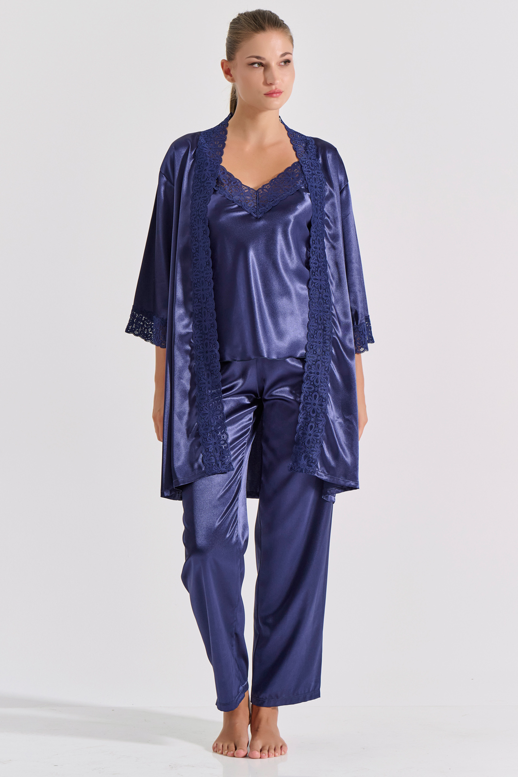 Σατέν Σετ με Πυζάμα και Ρόμπα   Μπλε Milena By Paris Set9185-5367-Μπλε