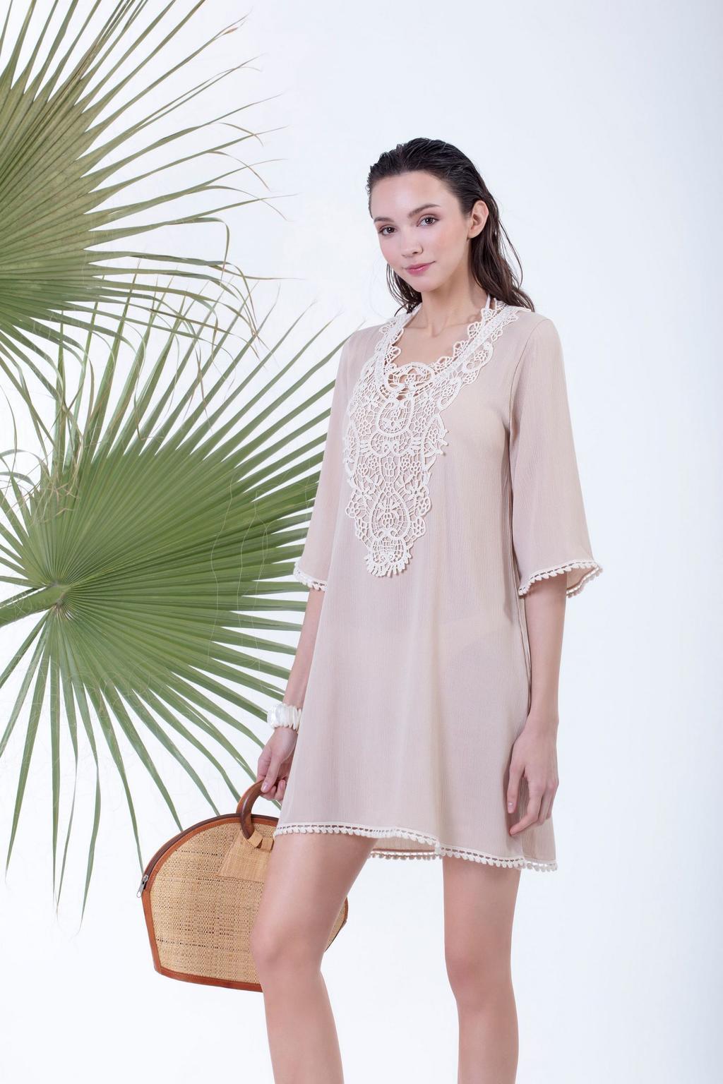 Καφτάνι Rayon με Διακοσμητικό Μοτίφ   Μπεζ Milena By Paris 040163-Μπεζ