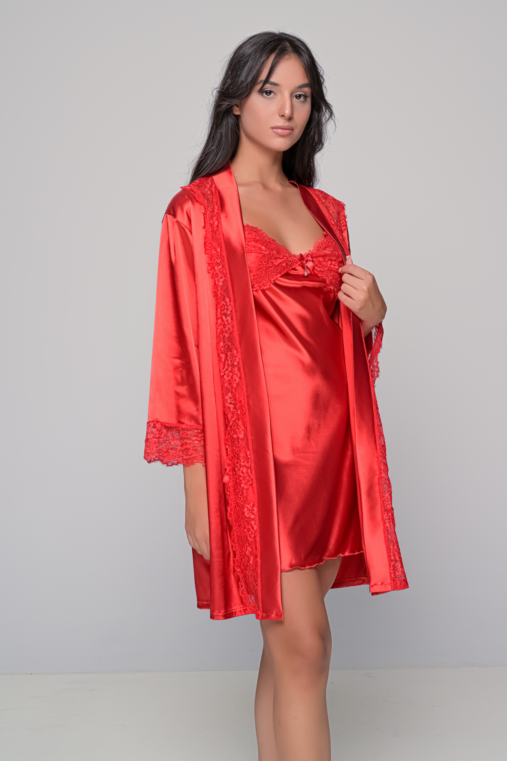 Σατέν Σετ Νυχτικό και Ρόμπα   Κόκκινο Milena By Paris Set3444_5421-Κόκκινο