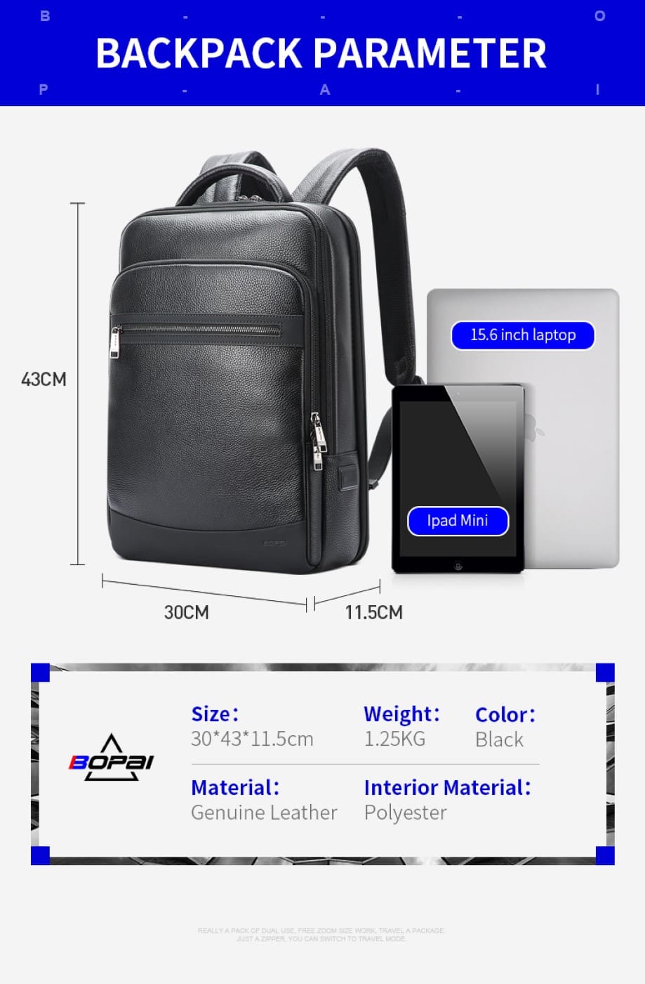 Δερμάτινο Σακίδιο πλάτης Αντικλεπτικό 24L Laptop 15,6” Bopai 61-121561 μαύρο