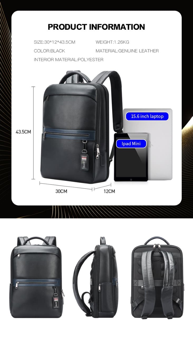 Δερμάτινο Σακίδιο πλάτης 24L Laptop 15,6” Bopai 61-122101 μαύρο