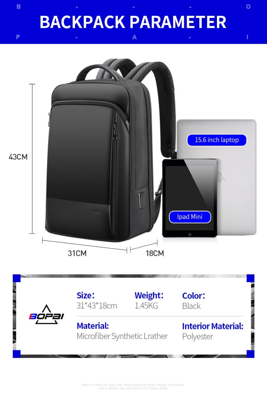 Σακίδιο πλάτης Αντικλεπτικό 24L Laptop 15,6” Bopai 61-53111 μαύρο