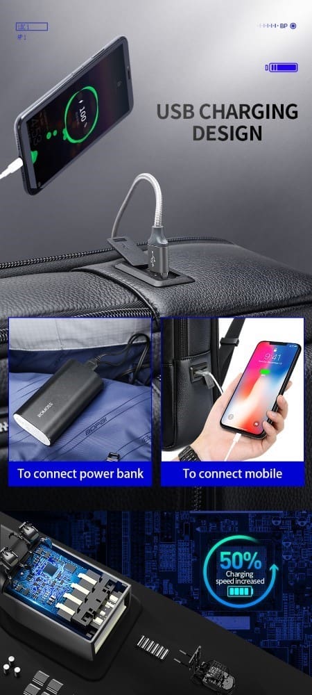 Δερμάτινο Σακίδιο πλάτης Αντικλεπτικό 24L Laptop 15,6” Bopai 61-69711 μαύρο