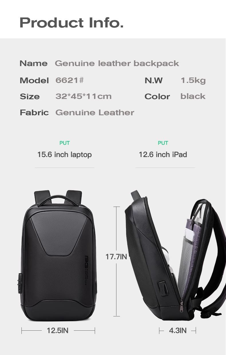Δερμάτινο Σακίδιο πλάτης 21L Laptop 15,6” Bange 6621 μαύρο