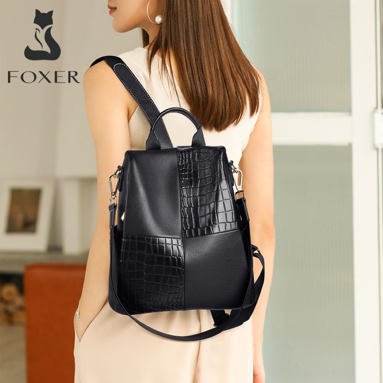 Δερμάτινo Γυναικείo Σακίδιο Πλάτης Foxer 9113V091F μαύρο