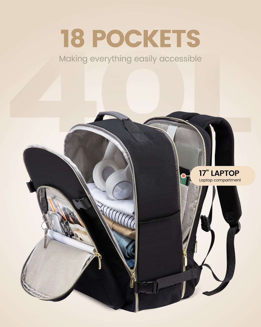 Σακίδιο ταξιδιού για γυναίκες 40L Carry on 17,3" WB2029 black/gray