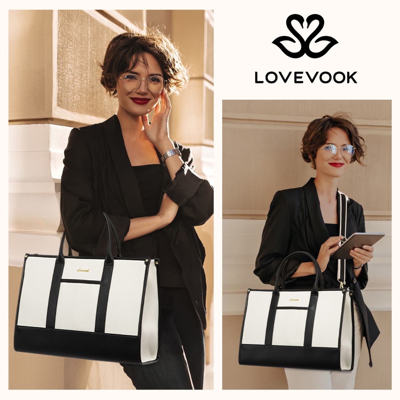 Γυναικείο σετ τσάντας χιαστί/χειρός Lovevook 17,3'' WB3058 black/beige
