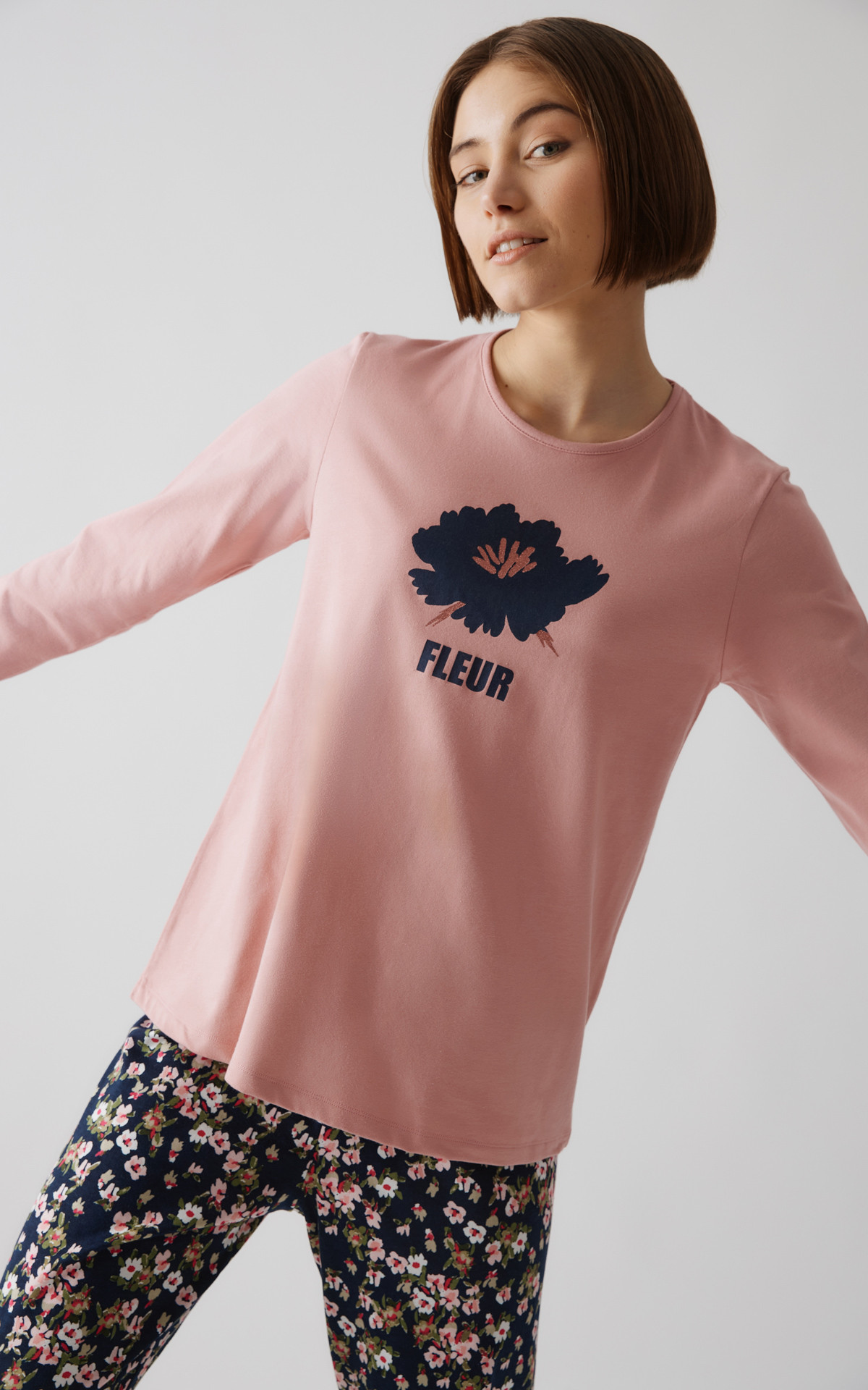 Γυναικεία Χειμερινή πιτζάμα Βαμβακερή Fleur  Λαιμόκοψη Minerva 90-52637-51 PINK DUSTY