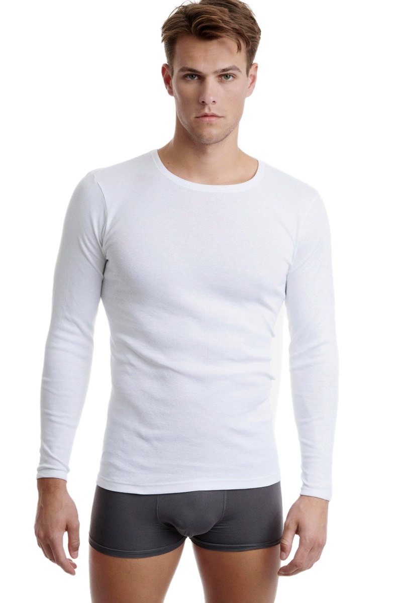 Ανδρική Φανέλα Μπλούζα T-SHIRT Βαμβακερή Μακρύ Μανίκι Λαιμόκοψη Walk W1980-01 Λευκό 