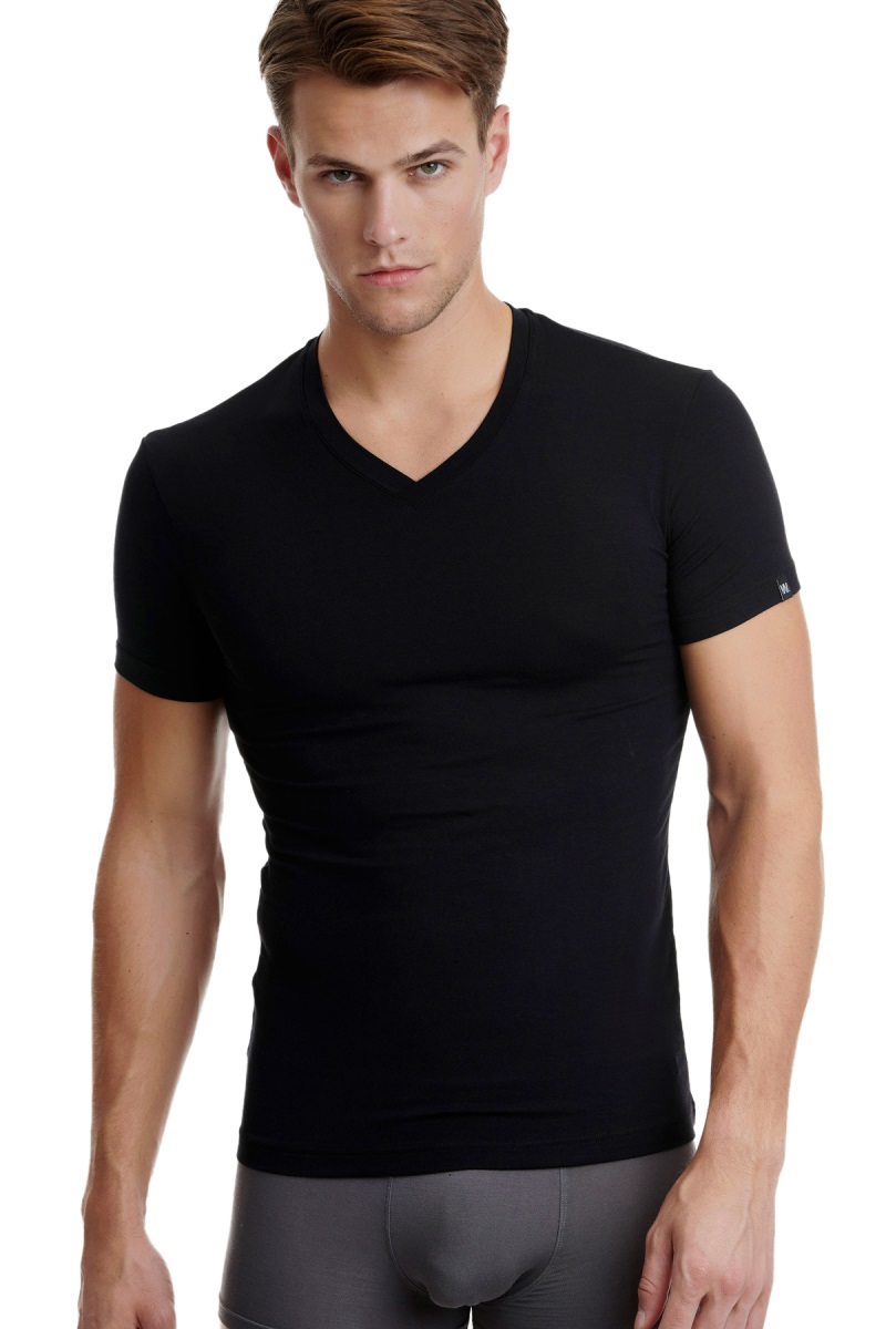 Ανδρική Φανέλα Μπλούζα T-SHIRT BAMBOO Κοντό Μανίκι Λαιμόκοψη V Walk W1991-02 Μαύρο
