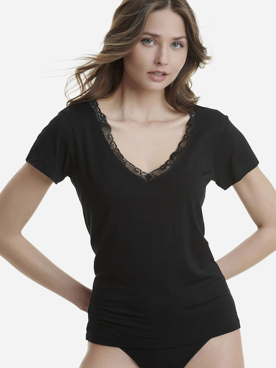 Γυναικείο top Φανελάκι t-shirt Bamboo με Κοντό Μανίκι V Λαιμόκοψη δαντέλα Walk W2208-02 ΜΑΥΡΟ