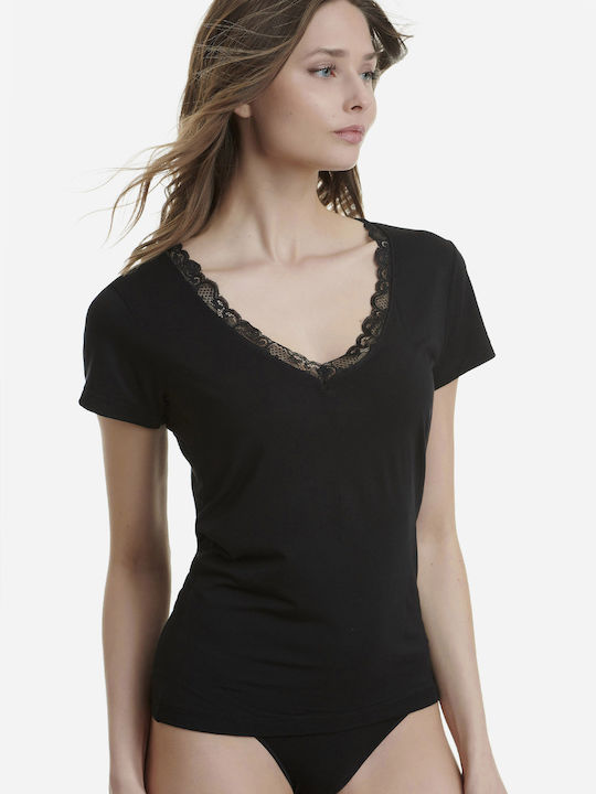Γυναικείο top Φανελάκι t-shirt Bamboo με Κοντό Μανίκι V Λαιμόκοψη δαντέλα Walk W2208-02 ΜΑΥΡΟ