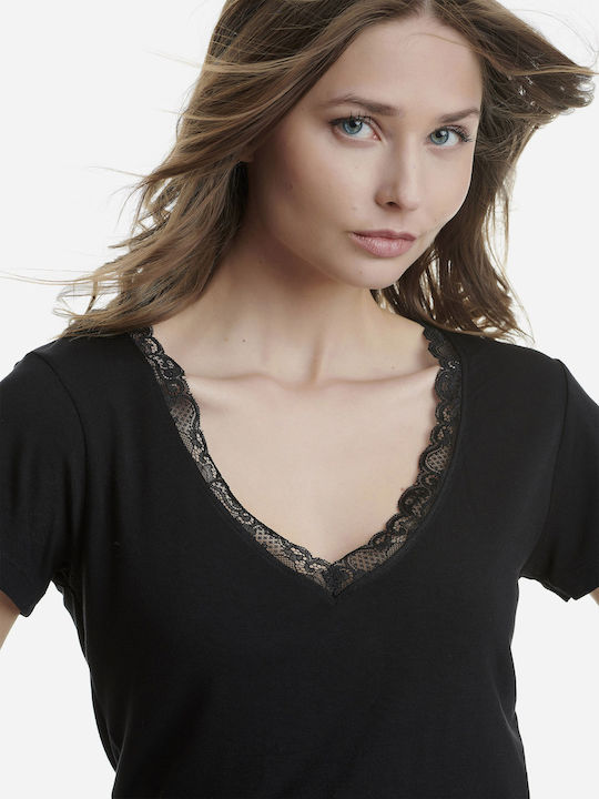 Γυναικείο top Φανελάκι t-shirt Bamboo με Κοντό Μανίκι V Λαιμόκοψη δαντέλα Walk W2208-02 ΜΑΥΡΟ