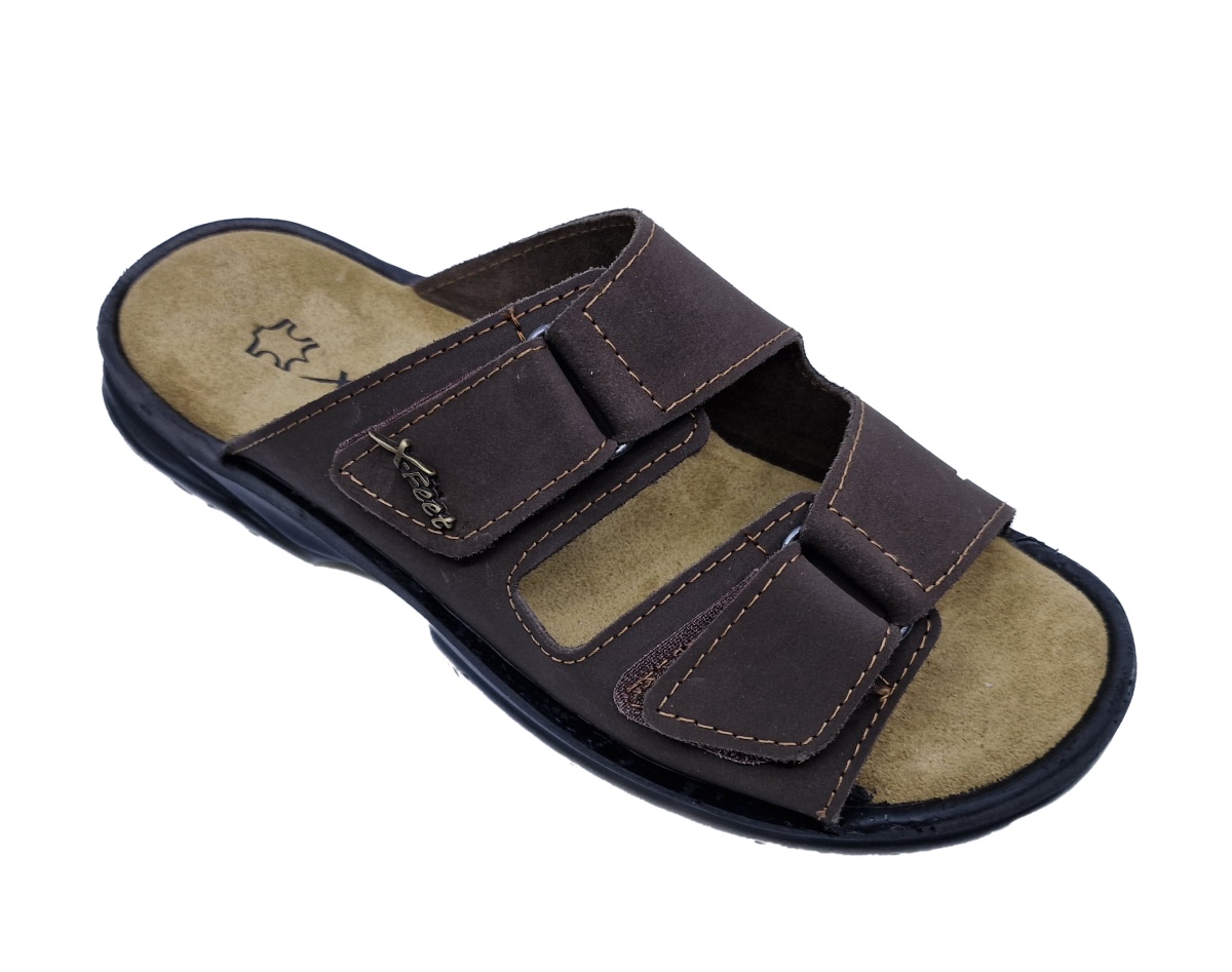 Ανδρική δερμάτινη παντόφλα Αυτοκόλλητα (velcro) Αναπαυτική BELLA-A34 Καφέ